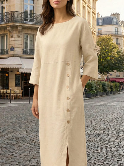 Vestido midi con cuello redondo y botones