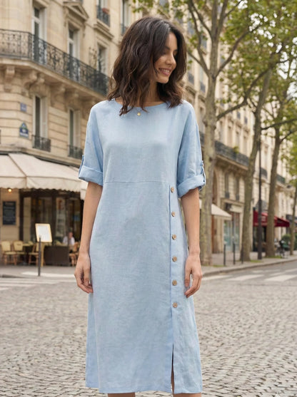 Vestido midi con cuello redondo y botones