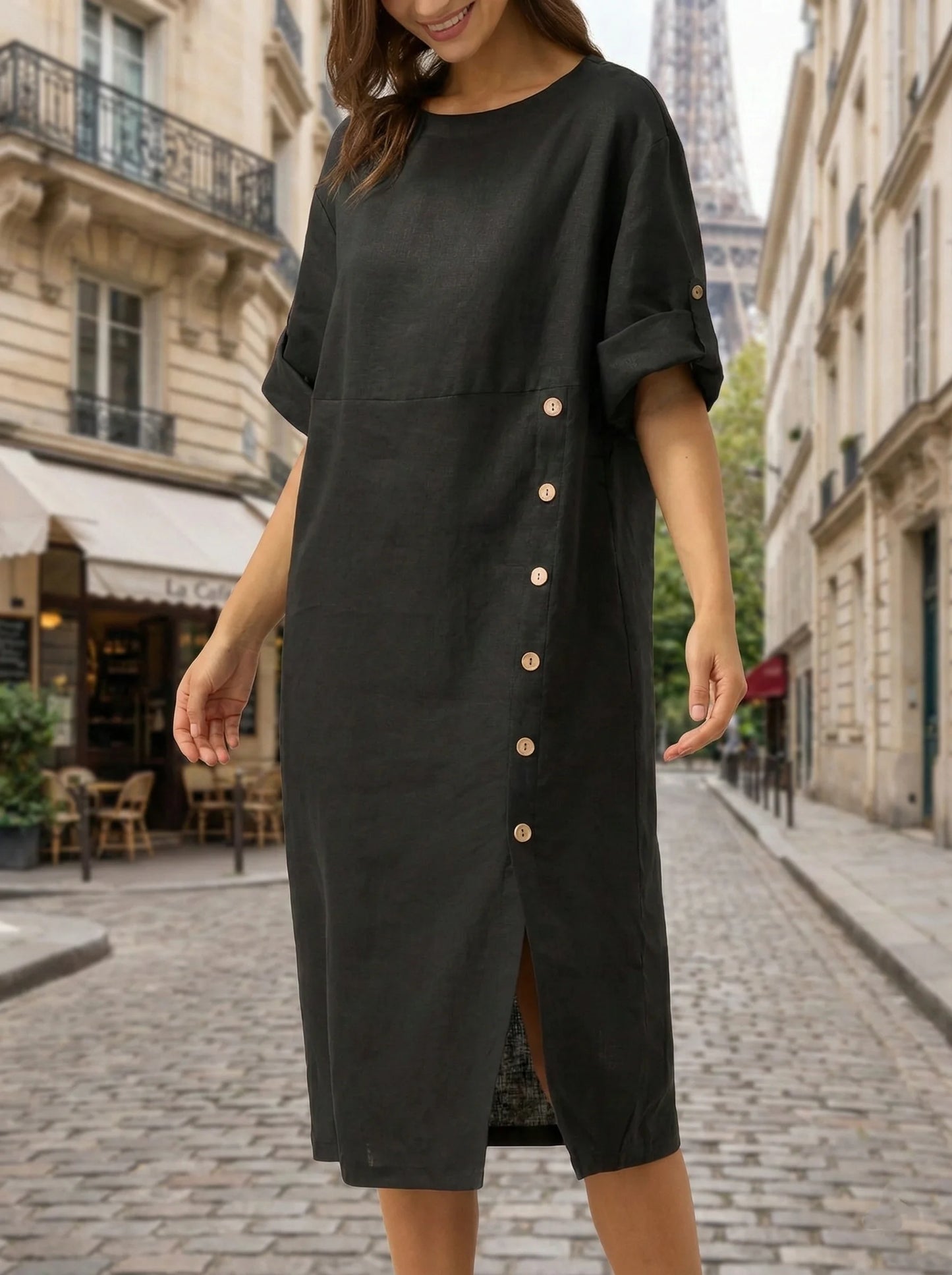 Vestido midi con cuello redondo y botones