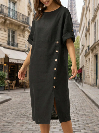 Vestido midi con cuello redondo y botones