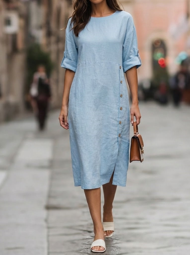 Vestido midi con cuello redondo y botones